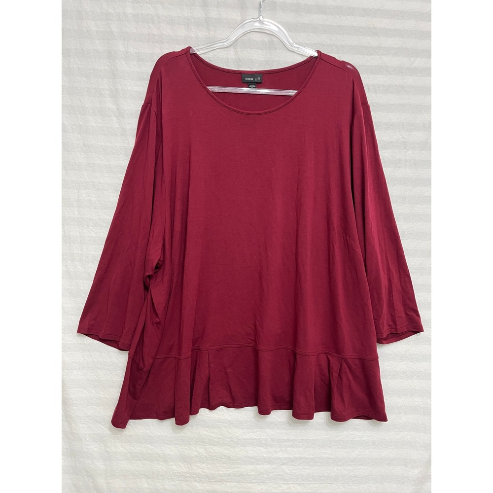 J. Jill Wearever Tunic Top 4X Burgundy Stretch Knit Ruffle Hem 3/4 Sleeve